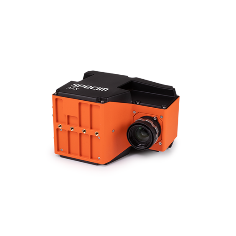 Specim AFX10 Airborne Hyperspectral Camera System Black and orange Specim AFX camera with mounted lens