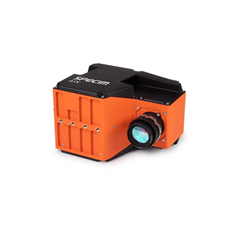 Specim AFX17 Airborne Hyperspectral Camera System Orange and black Specim AFX17 hyperspectral camera with mounted lens.