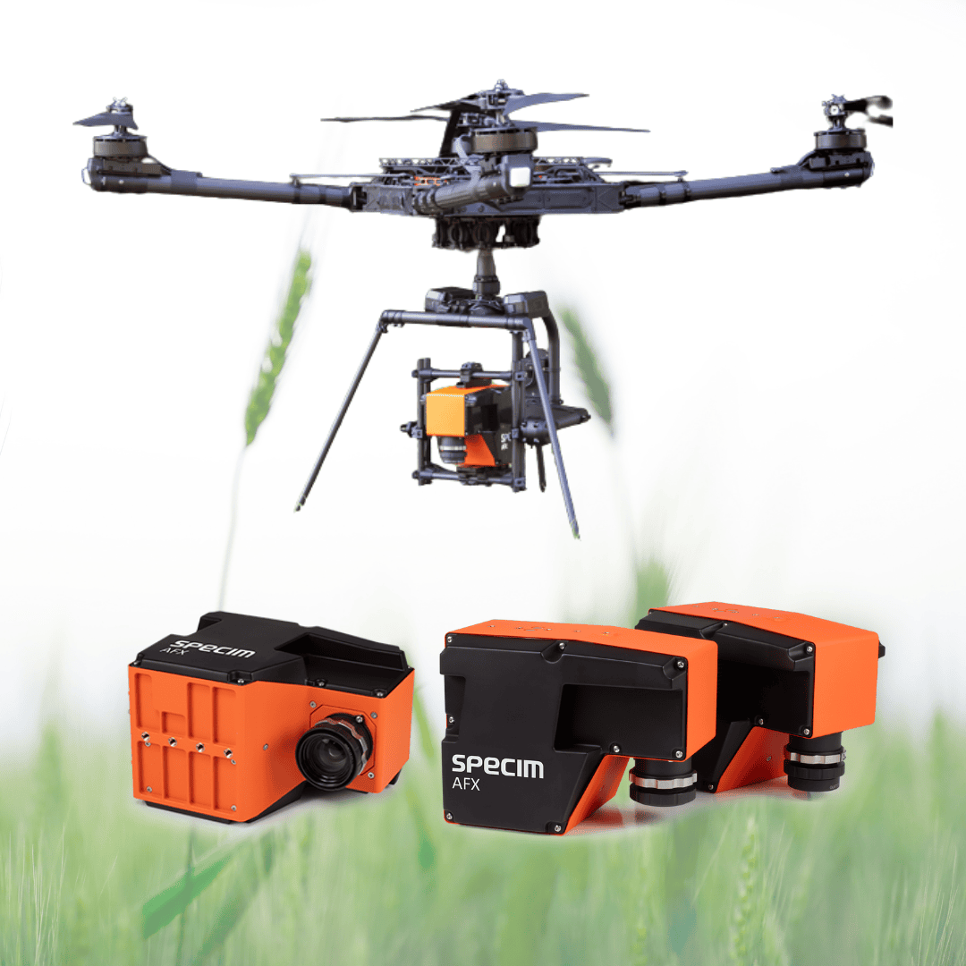 Specim AFX Series Limited Time Discount Offer Specim AFX camera images with an abstract image of a wheat field and an AFX camera mounted to a drone.