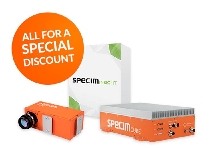 Specim GX17 NIR Hyperspectral Imaging Inline Set Specim GX17 NIR hyperspectral imaging inline set components including GX17 camera, SpecimINSIGHT and SpecimCUBE with graphic noting all components are available for a special discount