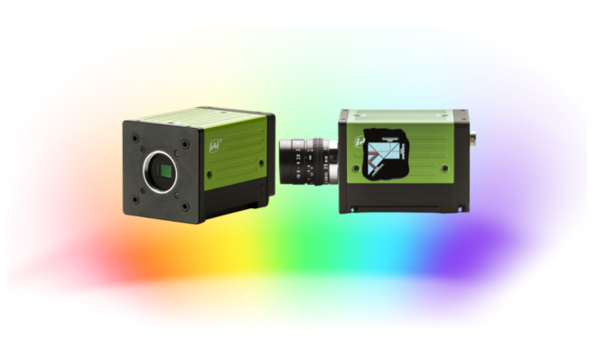 JAI Flex-Eye customizable multispectral camera JAI Flex-Eye multispectral camera front view of sensor with no lens mounted, and side view with lens mounted and graphic demonstrating path of light through internal components to sensor