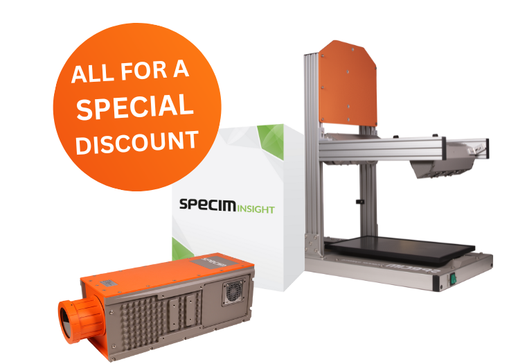 Specim SWIR Compact Hyperspectral Lab Set Specim SWIR compact hyperspectral lab set components including SWIR hyperspectral camera, SpecimINSIGHT and 40 by 20 LabScanner with graphic noting all components are available for a special discount