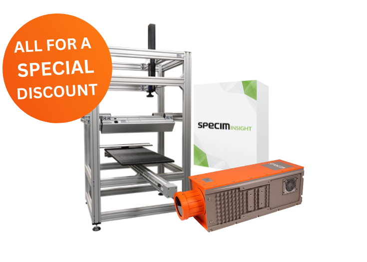 Specim SWIR Large-Scale Hyperspectral Imaging Lab Set Specim SWIR large-scale hyperspectral lab set components including SWIR hyperspectral camera, SpecimINSIGHT and 100 by 50 LabScanner with graphic noting all components are available for a special discount